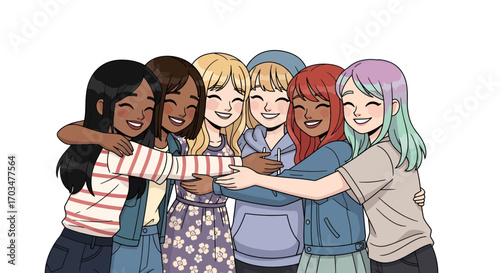 Illustrative portrayal of a joyful group of diverse young women embracing each other