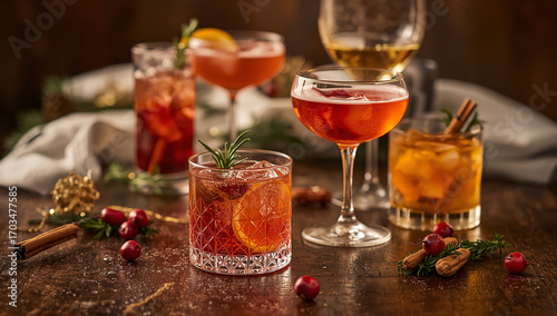Winter cocktails and holiday drinks on a rustic table.