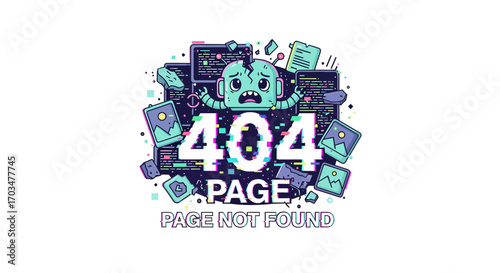 Humorous illustration of a 404 error message featuring a distressed robot and broken items