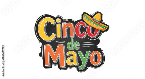 Vibrant Cinco de Mayo celebration design with festive typography and a cartoon sombrero evoking