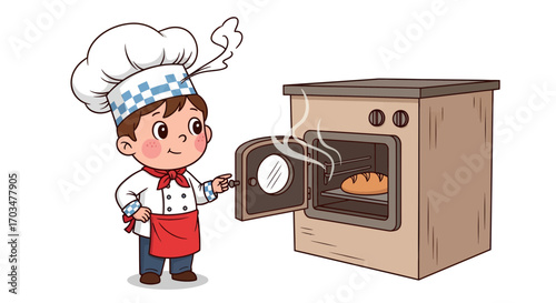 Wholesome young baker in chef's attire, delighted to present his freshly baked loaf of bread