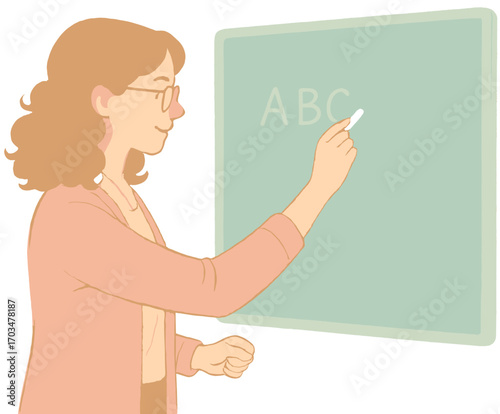 Teacher Illustration Teaching ABC on Chalkboard for Kids Education