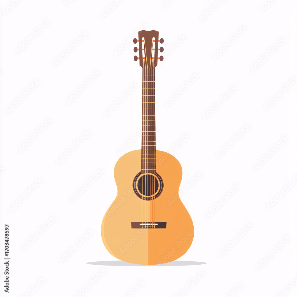 Obraz premium Flat design acoustic guitar with wooden body and dark brown neck, classic string musical instrument isolated on white background 