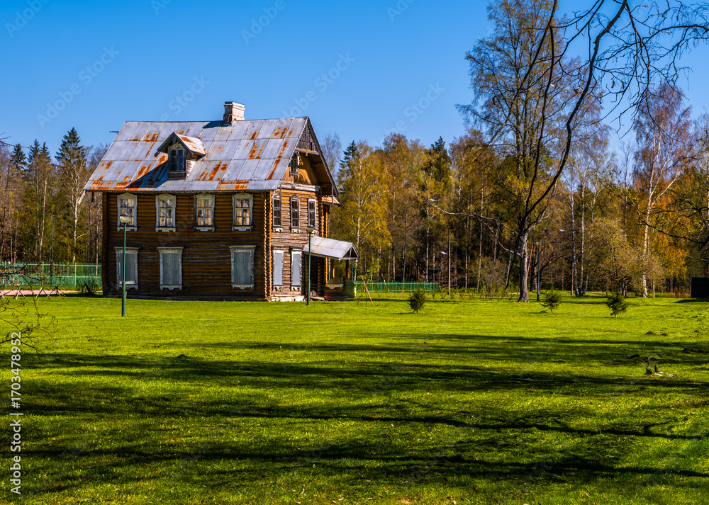 Obraz premium An old wooden two-storey house in a forest clearing.