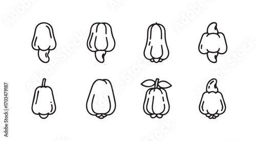 Collection of hand drawn rose apple fruit silhouettes in outline style