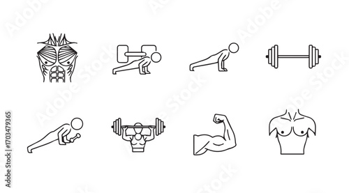 Collection of fitness and bodybuilding silhouette icons for gym and workout themes