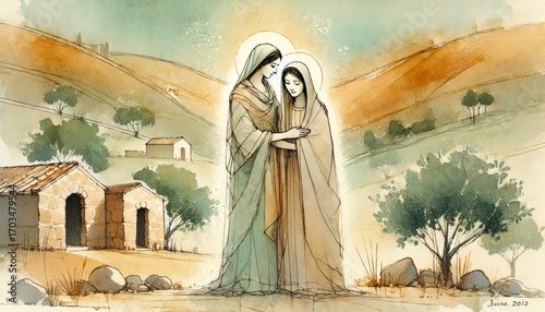 The Visitation of Virgin Mary and Elizabeth Spiritual Moment.