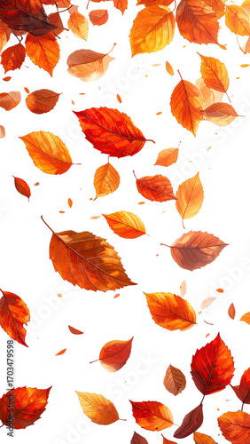 Autumn leaves swirling in a black background. Vivid orange and red falling leaves