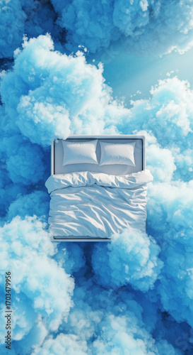 A bed among blue clouds.	