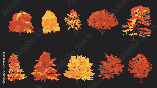 Vibrant Fall Collection. Various Autumn Trees, Set of hand drawn trees with autumn yellow red colors isolated on grey