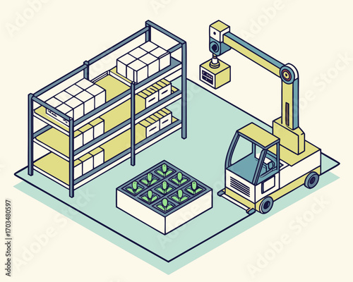 Plant factory for vertical vegetable farming using AI and robotic systems isometric isolated illustration.