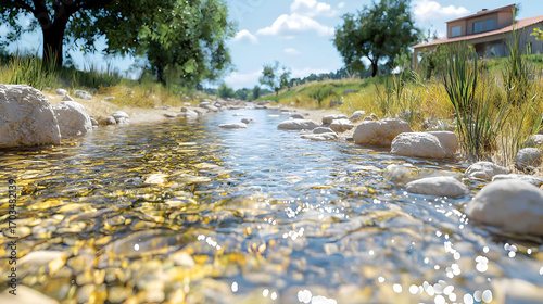 Sunny Creek Winding Through Rural Landscape