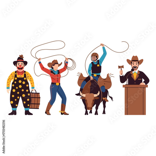 Four cartoon characters representing different roles in a rodeo event, including a clown, a cowgirl, a bull rider, and an auctioneer.