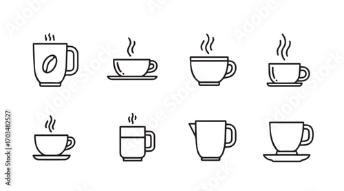 Collection of eight steaming coffee and tea cups in a minimalist silhouette style