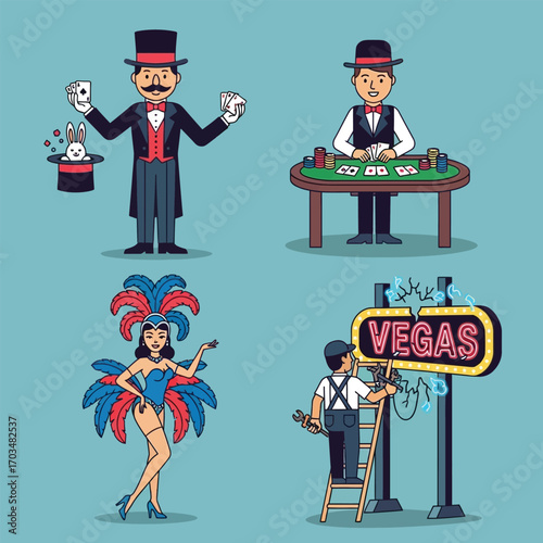Cartoon illustration of Las Vegas entertainment elements including a magician, poker dealer, showgirl, and a worker fixing a Vegas sign.