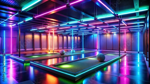 Neon Lit Indoor Miniature Golf Course with Vibrant Lighting and Reflective Floors