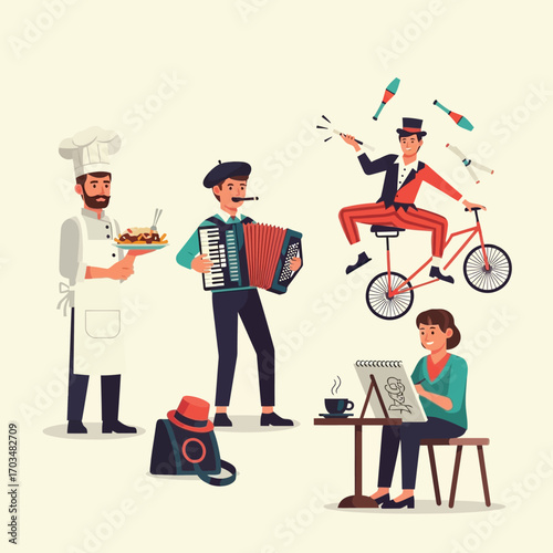 Illustration of a chef holding a plate, a musician playing accordion, a juggler on a bicycle, and an artist painting.