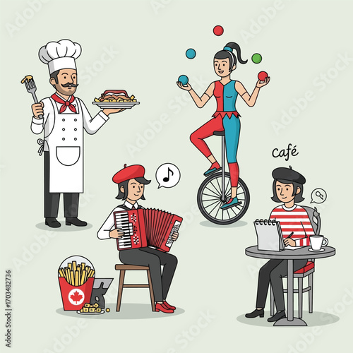 Four characters depicting French culture: a chef, a juggler on a unicycle, an accordion player, and a woman at a cafe.