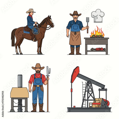 Four illustrations depicting a cowboy on a horse, a chef grilling, a farmer, and an oil pump.