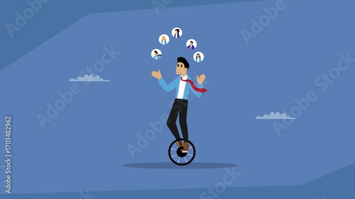A businessman on a unicycle juggling businesspeople, symbolizing a manager multitasking, leading a team, and balancing multiple roles cartoon animation