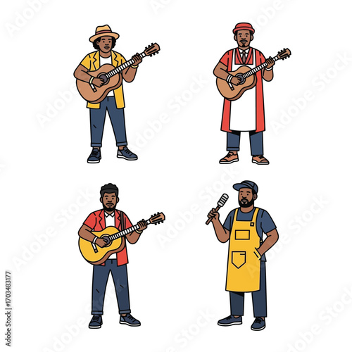 Four stylized figures, two playing guitars and two in aprons, suggesting different professions or hobbies.