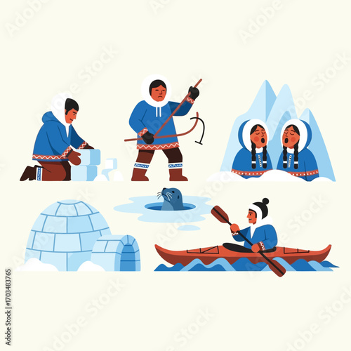 Inuit people engaged in traditional activities:  building an igloo, hunting seals, throat singing, and kayaking in an Arctic landscape.