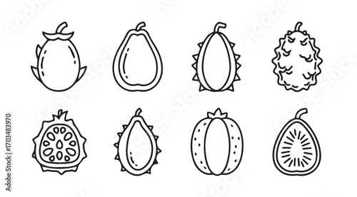 Collection of exotic fruit silhouettes including dragon fruit kiwano and papaya silhouette