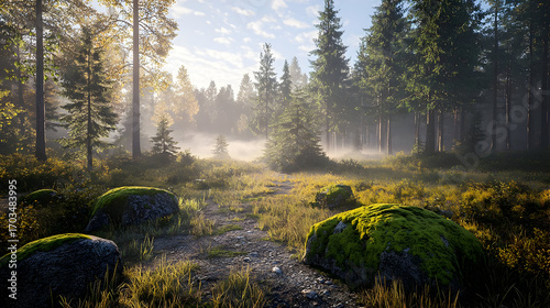 Misty Forest Path At Sunrise