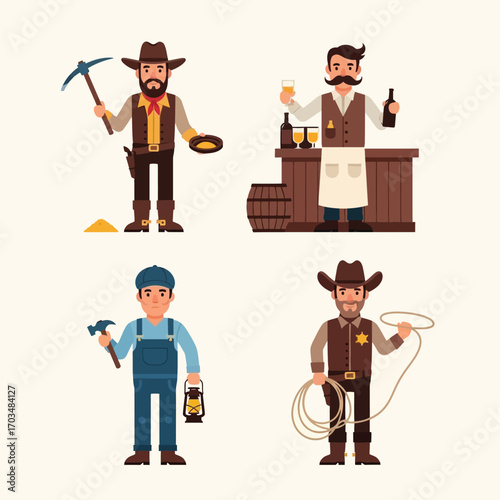 Four stylized cartoon characters depicting classic Wild West professions: a miner, a bartender, a blacksmith, and a cowboy.