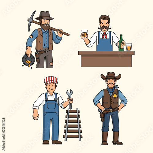 Four illustrated figures representing different professions, including a miner, bartender, engineer, and sheriff.