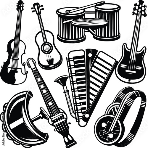 Clean line art illustrations of various musical instruments in a monochrome style