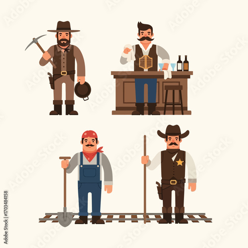 Four cartoon illustrations depicting various figures associated with the Wild West era, each in distinct poses.