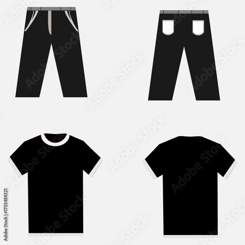 Sketch drawing of casual wear, showing front and back views of a t-shirt and pants with pockets, ideal for fashion design templates.