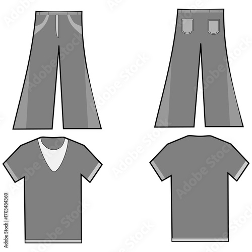 Sketch drawing of casual wear, showing front and back views of a t-shirt and pants with pockets, ideal for fashion design templates.