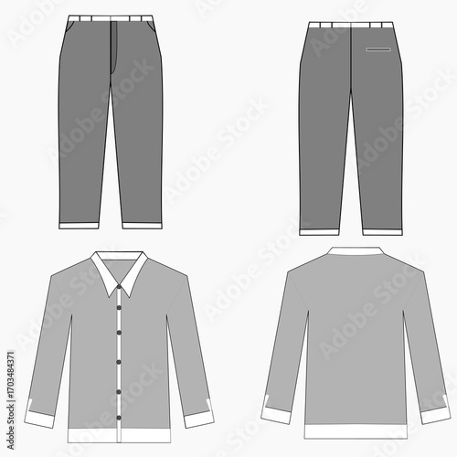 Sketch drawing of casual wear, showing front and back views of a t-shirt and pants with pockets, ideal for fashion design templates.