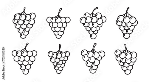 Collection of eight hand drawn grape clusters in a simple silhouette style