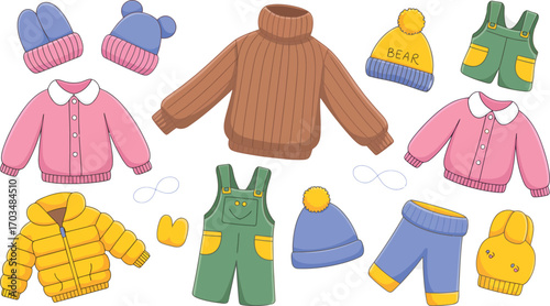 Collage of Cozy Jackets, Hats, Scarves, Mittens, Boots, and Accessories, Stylish Kids Apparel Illustration on White Background for Print, Web, Posters, and E-commerce