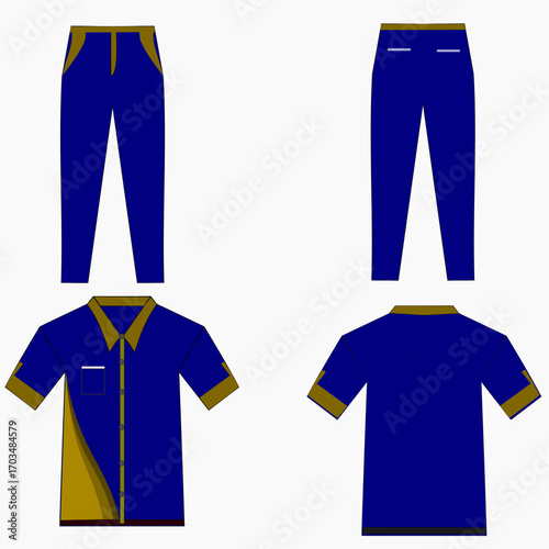 Sketch drawing of casual wear, showing front and back views of a t-shirt and pants with pockets, ideal for fashion design templates.