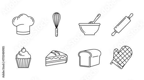 Collection of hand drawn baking utensils and treats silhouette