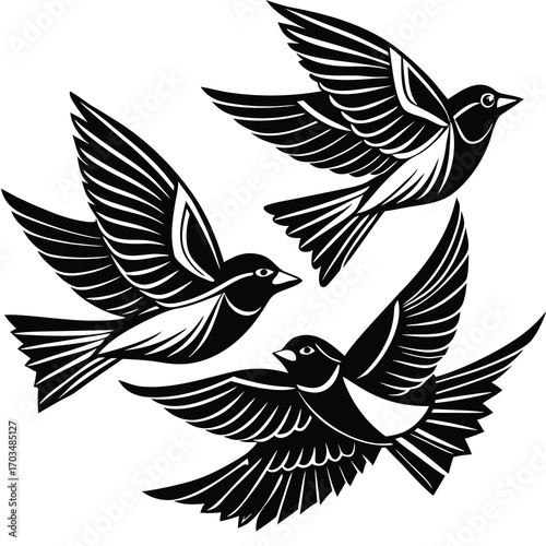 Elegant continuous line drawing of birds gracefully flying in a flock against a white background