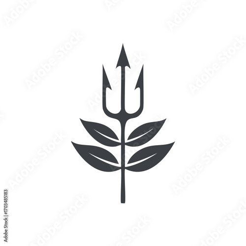 Trident with leaves logo on white background Keywords: trident, leaves, plant, nature, symbol