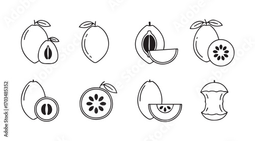 Collection of various tropical fruits and slices in a distinctive silhouette style