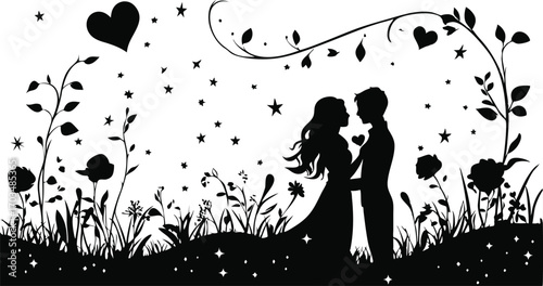Romantic silhouette of a couple embracing under a heart vine in a whimsical garden
