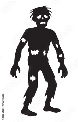 Black silhouette of a zombie with tattered clothes and a distressed face, standing upright on a white background.