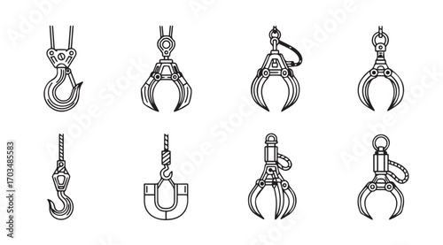 Collection of industrial crane hooks and claws silhouette