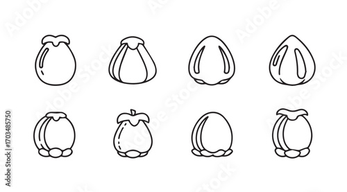 Collection of eight stylized botanical seed silhouettes in a simple line drawing style silhouette