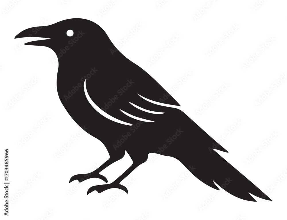 Fototapeta premium Black silhouette of a crow or raven in profile, standing with its beak slightly open, isolated on a white background.