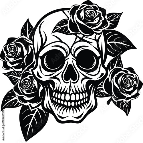 Intricate black and white skull adorned with detailed roses vector illustration