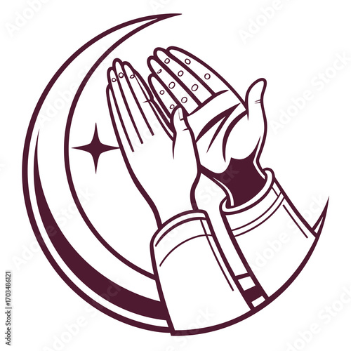 Islamic icon design of hands raised in prayer and dua with outline style