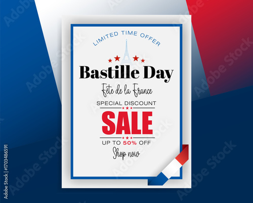 Holiday design, background with handwriting texts and national flag colors for Bastille day celebration, sales and commercial events; Vector illustration.

